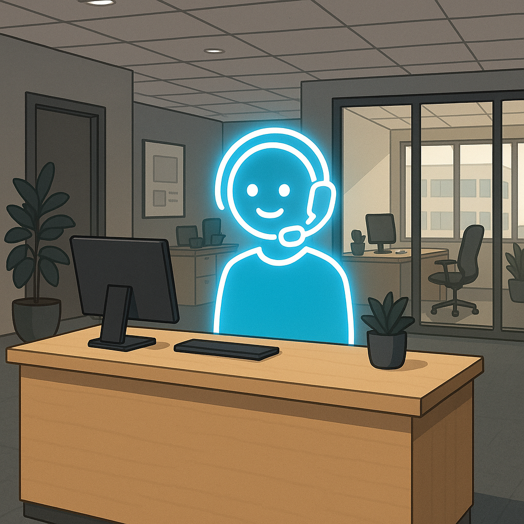 AI virtual phone assistant handling customer call in a modern office