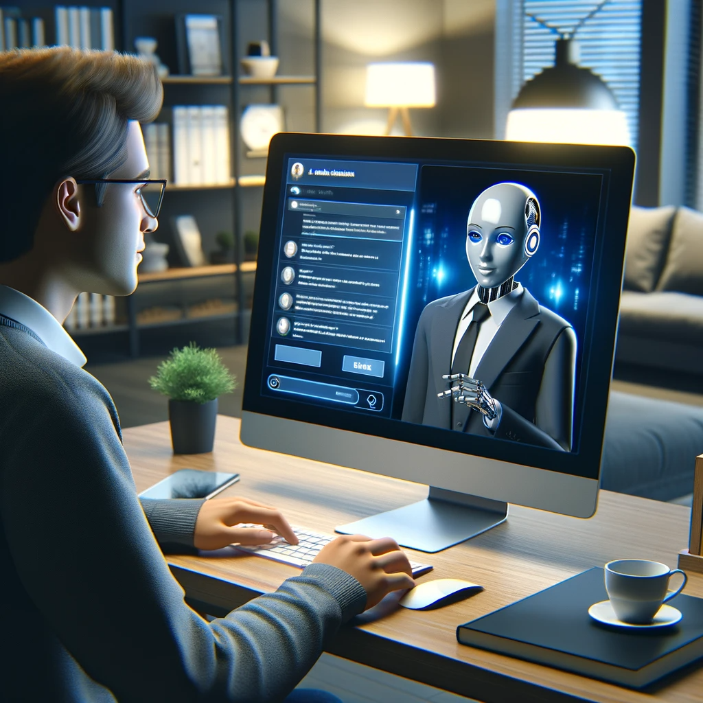 Agent and client using AI chatbot interface in a clean, modern office